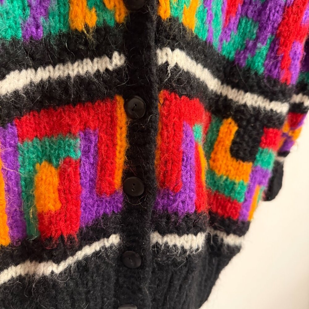 Vintage 90s Bright Print Wool Blend Chunky Oversized Cardigan Sweater Geometric - Picture 3 of 10